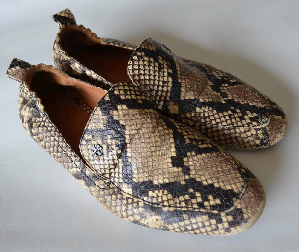 Tory Burch Snake-Print Loafers in Tan and Black